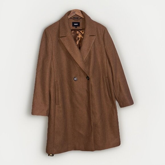 DKNY Camel Brown Fashion Faux Wool Notched Lapel Fully Lined Coat 2XL NWT - Picture 1 of 6
